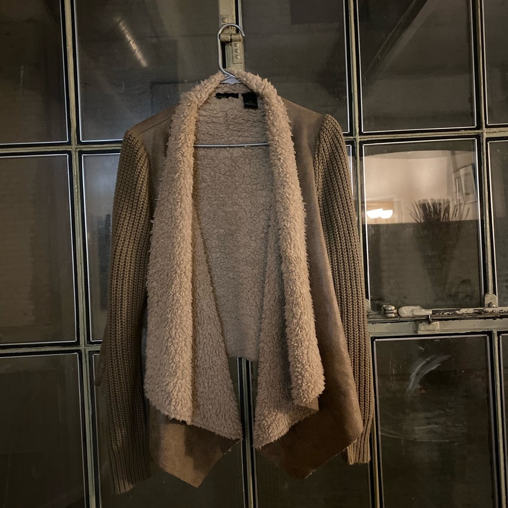 Shearling-like  jacket with knit sleeves